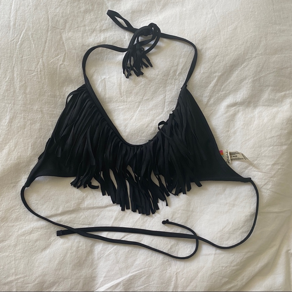 Raisins Fringe Black Halter Bikini Top